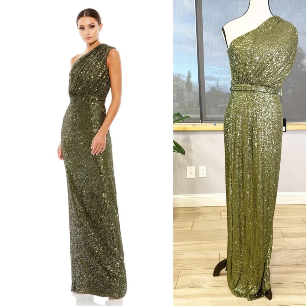 IEENA FOR MAC DUGGAL Dark Green Sequined Ruched One Shoulder Gown Size: 4 - Picture 5 of 5